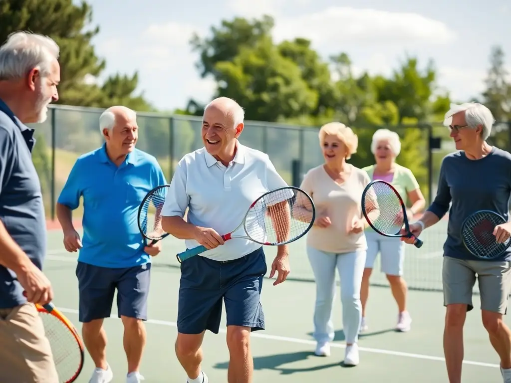 An image of senior citizens participating in a gentle tennis exercise program, emphasizing health, mobility, and social interaction.