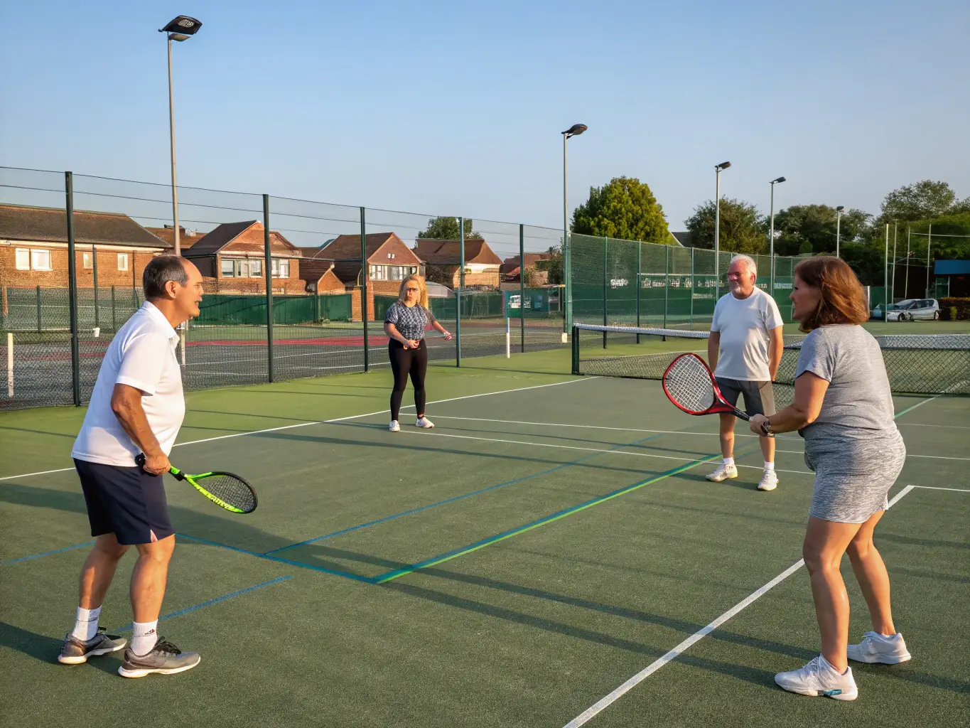 A photograph of adult tennis players engaged in a friendly doubles match on a clay court, showcasing teamwork and active lifestyle.