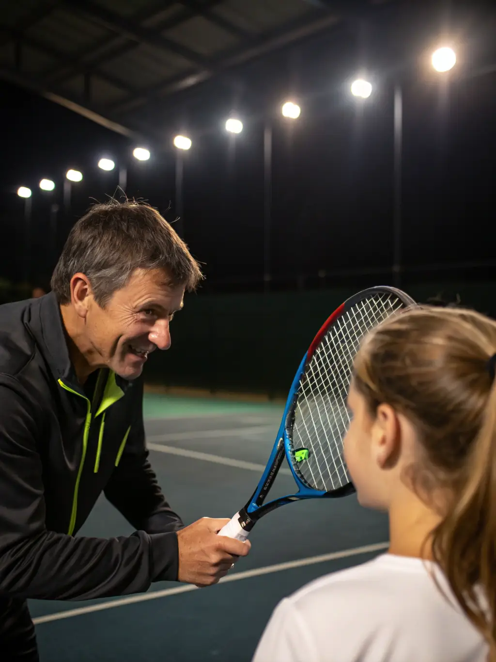 A professional tennis coach providing personalized instruction to a student on the court at TENNIS CLUB D'OUROUER LES BOURDELINS, emphasizing the club's commitment to skill development.