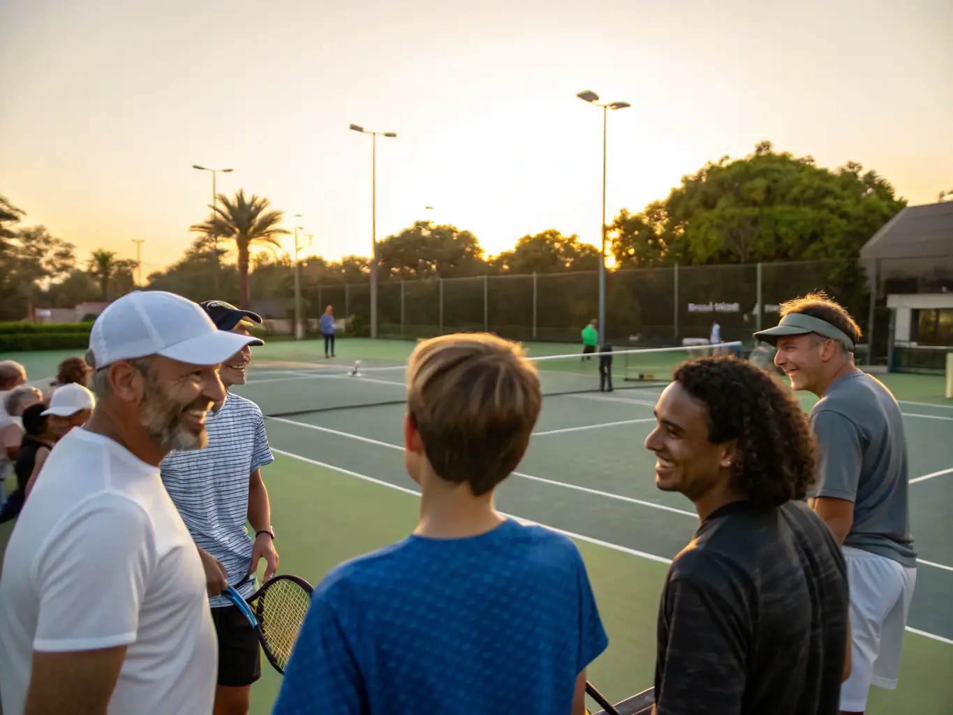 A serene image of senior citizens participating in a gentle tennis exercise session, promoting fitness and well-being at TENNIS CLUB D'OUROUER LES BOURDELINS.