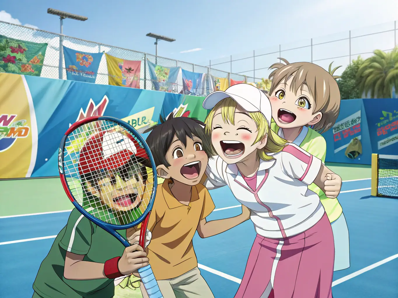 A group of children participating in a tennis clinic, with coaches providing instruction and encouragement. The image should convey energy, fun, and skill-building.