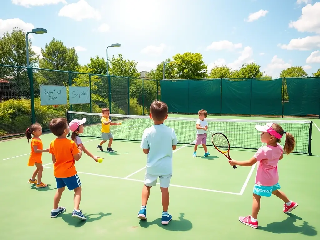 A vibrant image of children participating in a junior tennis clinic, focusing on fun drills and skill-building exercises at TENNIS CLUB D'OUROUER LES BOURDELINS.