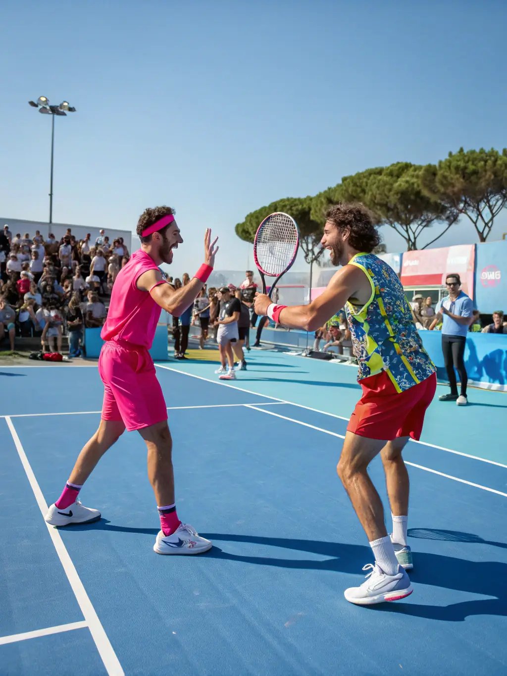 A group of diverse individuals laughing and playing tennis together on a sunny day at TENNIS CLUB D'OUROUER LES BOURDELINS, showcasing the club's friendly and inclusive atmosphere.