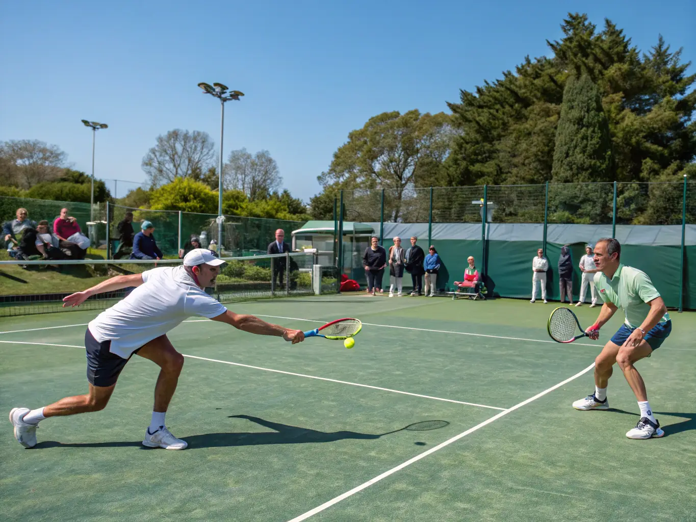 An action shot of adults engaged in a competitive doubles match on a well-maintained tennis court at TENNIS CLUB D'OUROUER LES BOURDELINS.