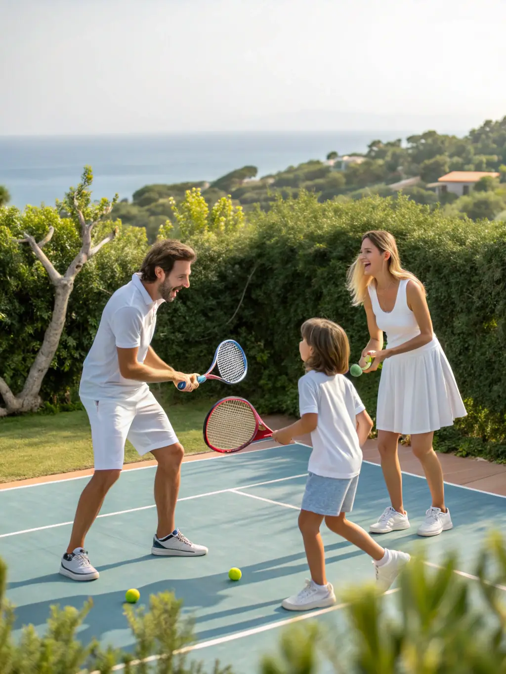 A family participating in a tennis clinic at TENNIS CLUB D'OUROUER LES BOURDELINS, illustrating the club's focus on family-friendly activities and promoting an active lifestyle.